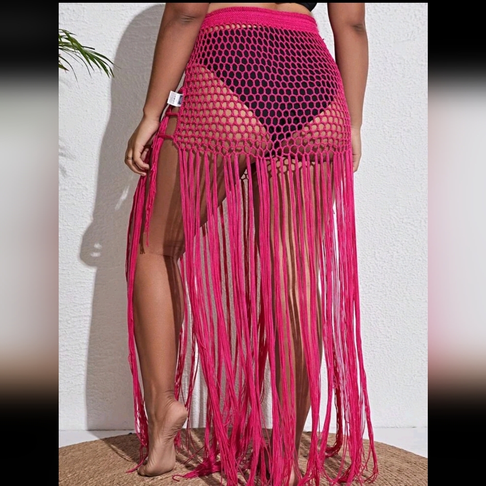 Pink Crochet Fringe Swimsuit Cover up Skirt - Picture 4 of 13